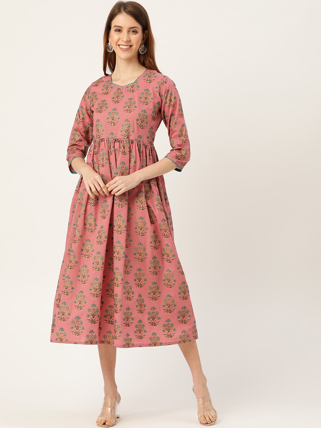 Women Pink Ethnic Motifs Printed Square Neck Cotton Maxi Dress | NOZ2TOZ - Made In INDIA.