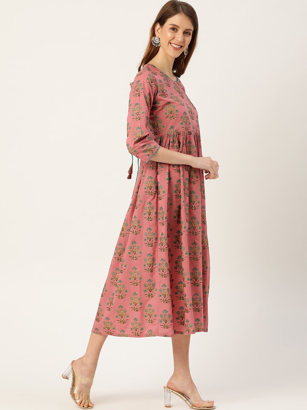 Women Pink Ethnic Motifs Printed Square Neck Cotton Maxi Dress | NOZ2TOZ - Made In INDIA.