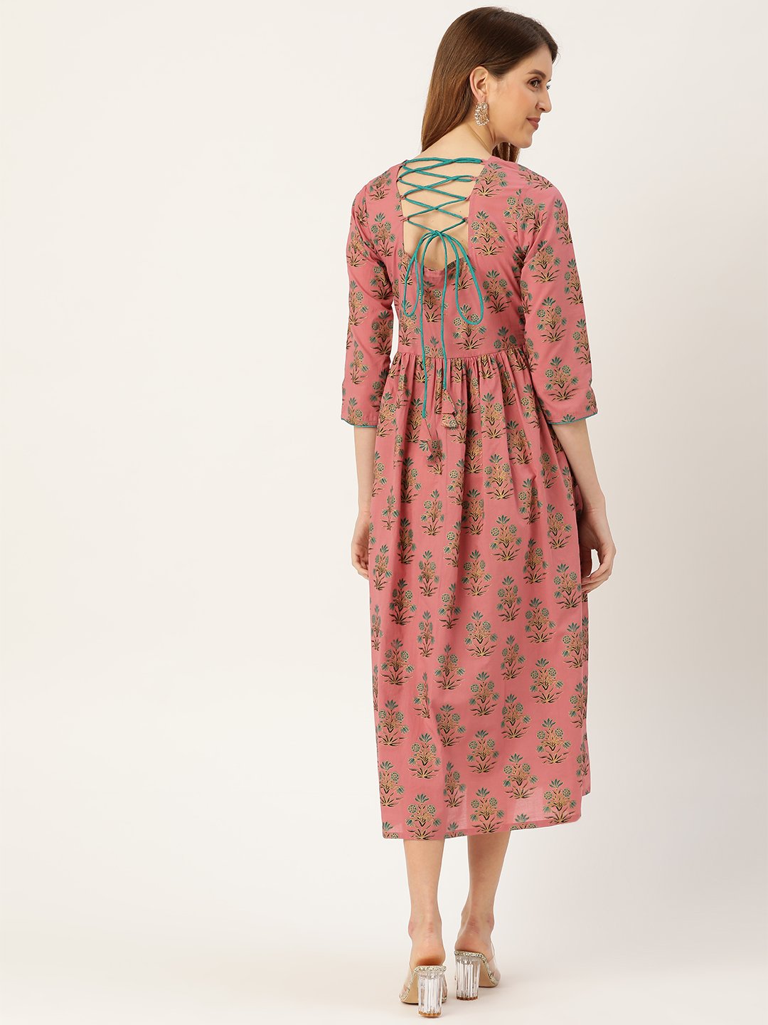 Women Pink Ethnic Motifs Printed Square Neck Cotton Maxi Dress | NOZ2TOZ - Made In INDIA.