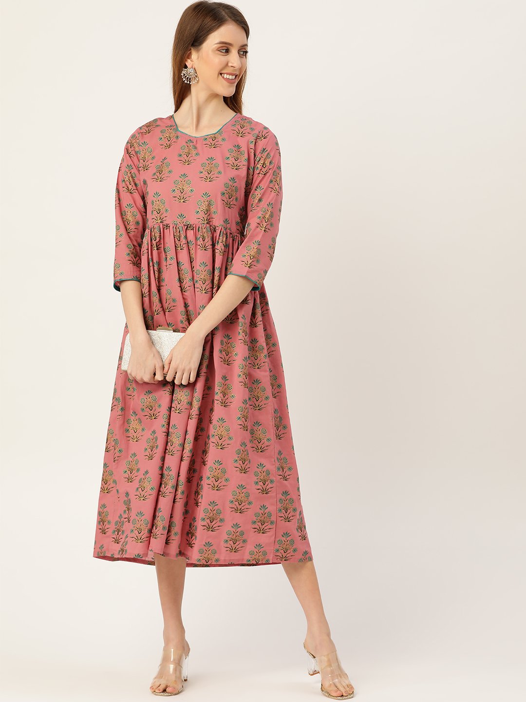 Women Pink Ethnic Motifs Printed Square Neck Cotton Maxi Dress | NOZ2TOZ - Made In INDIA.