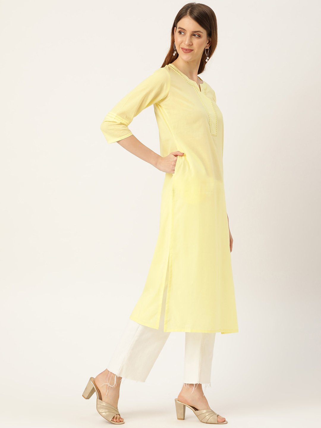 Women Limeyellow Calf Length Three-Quarter Sleeves Straight Solid Solid Cotton Kurta | NOZ2TOZ - Made In INDIA.