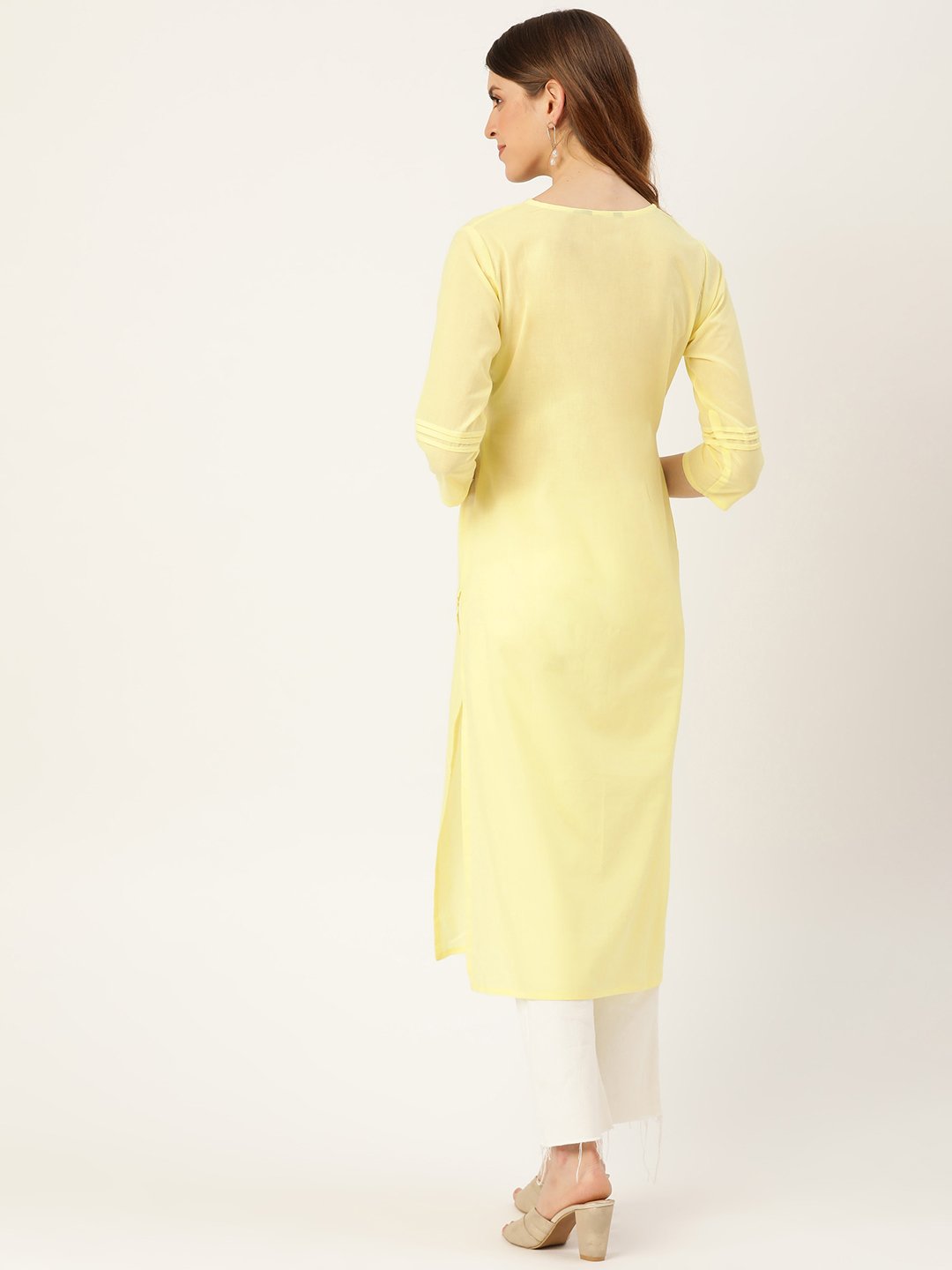 Women Limeyellow Calf Length Three-Quarter Sleeves Straight Solid Solid Cotton Kurta | NOZ2TOZ - Made In INDIA.