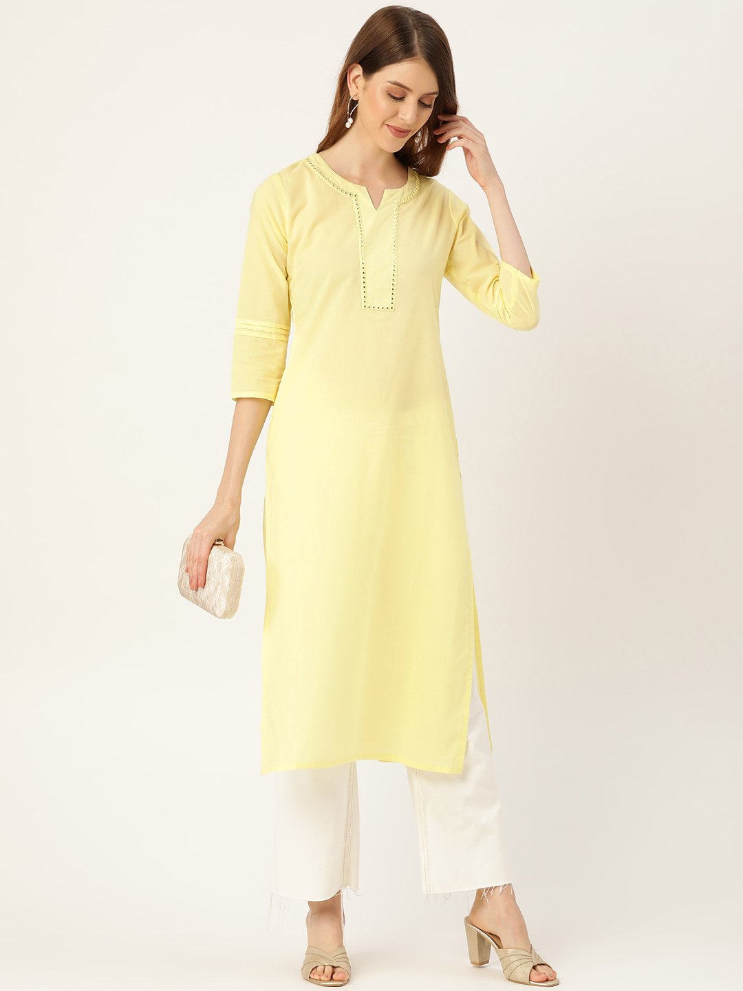 Women Limeyellow Calf Length Three-Quarter Sleeves Straight Solid Solid Cotton Kurta | NOZ2TOZ - Made In INDIA.