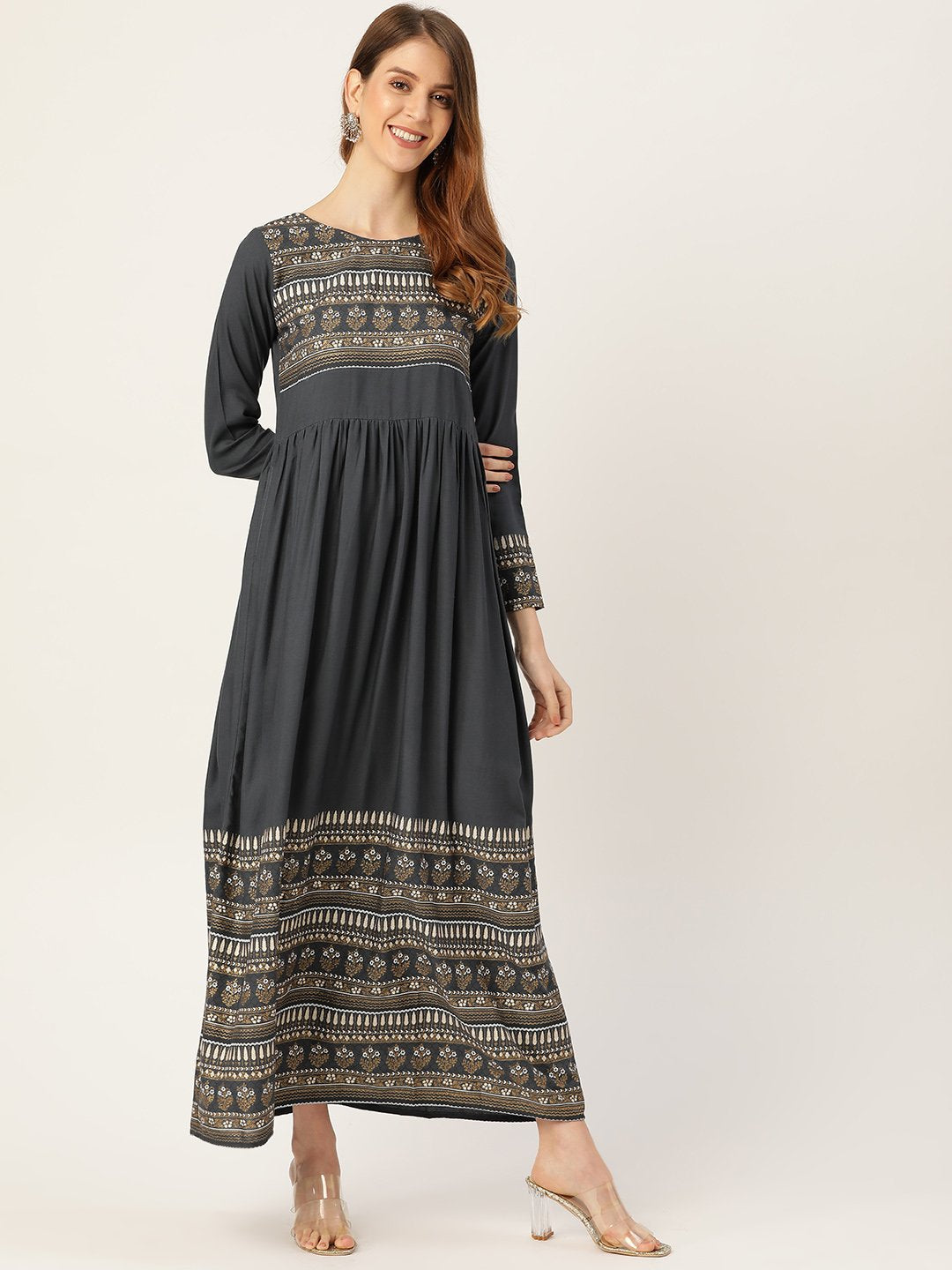 Women Grey Self Design Self Design Round Neck Viscose Rayon Maxi Dress | NOZ2TOZ - Made In INDIA.