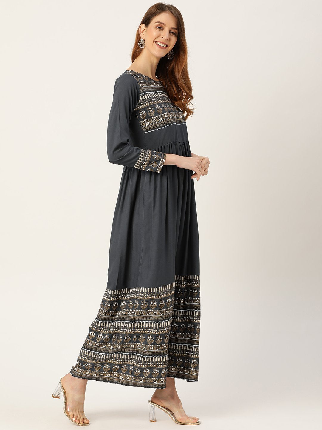 Women Grey Self Design Self Design Round Neck Viscose Rayon Maxi Dress | NOZ2TOZ - Made In INDIA.