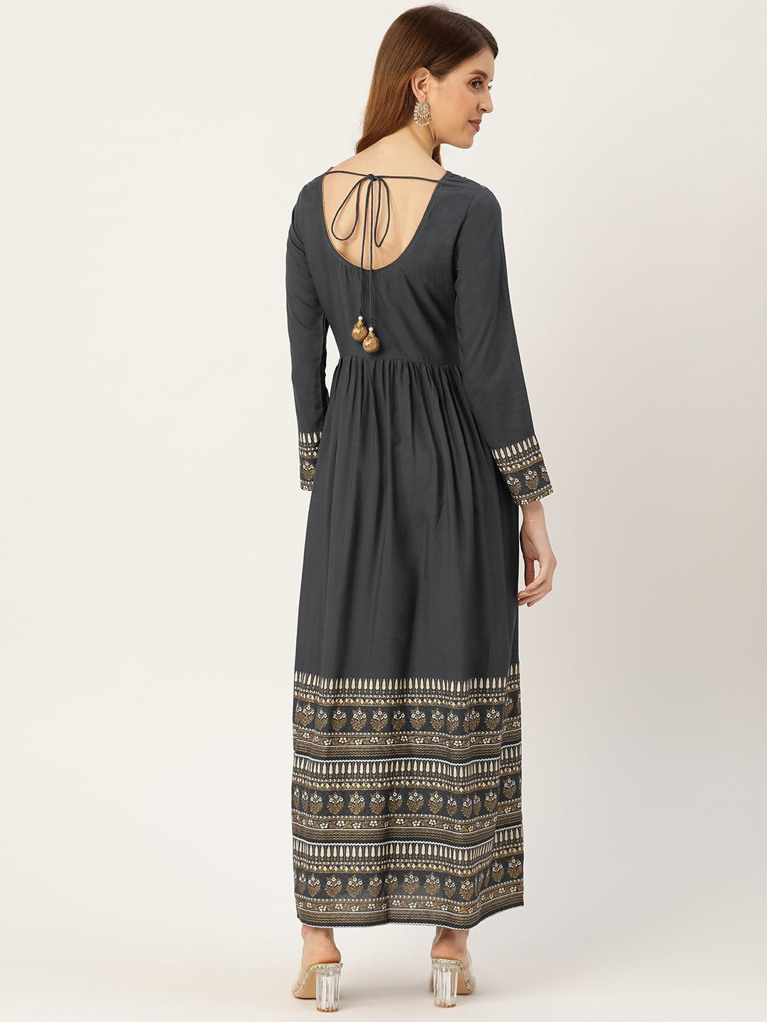 Women Grey Self Design Self Design Round Neck Viscose Rayon Maxi Dress | NOZ2TOZ - Made In INDIA.