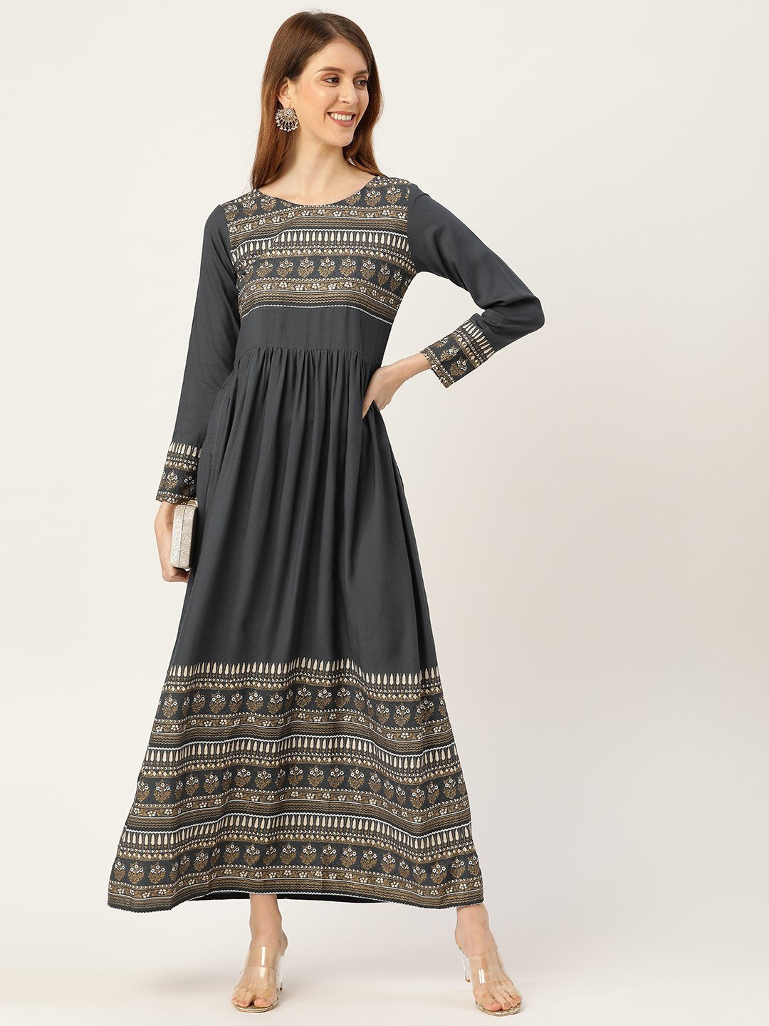 Women Grey Self Design Self Design Round Neck Viscose Rayon Maxi Dress | NOZ2TOZ - Made In INDIA.