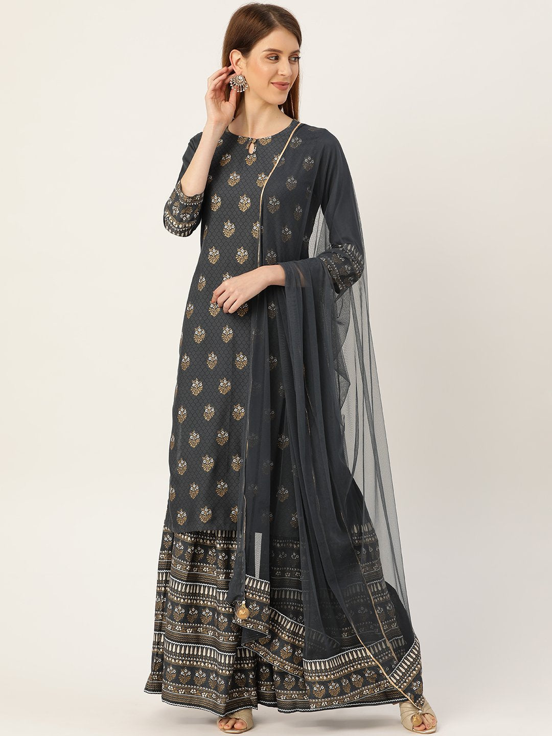 Women Grey Three-Quarter Sleeves Straight Kurta Sharara and dupatta set | NOZ2TOZ - Made In INDIA.