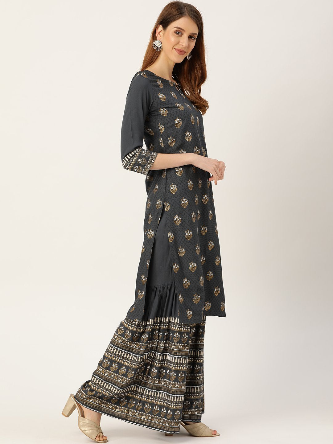 Women Grey Three-Quarter Sleeves Straight Kurta Sharara and dupatta set | NOZ2TOZ - Made In INDIA.