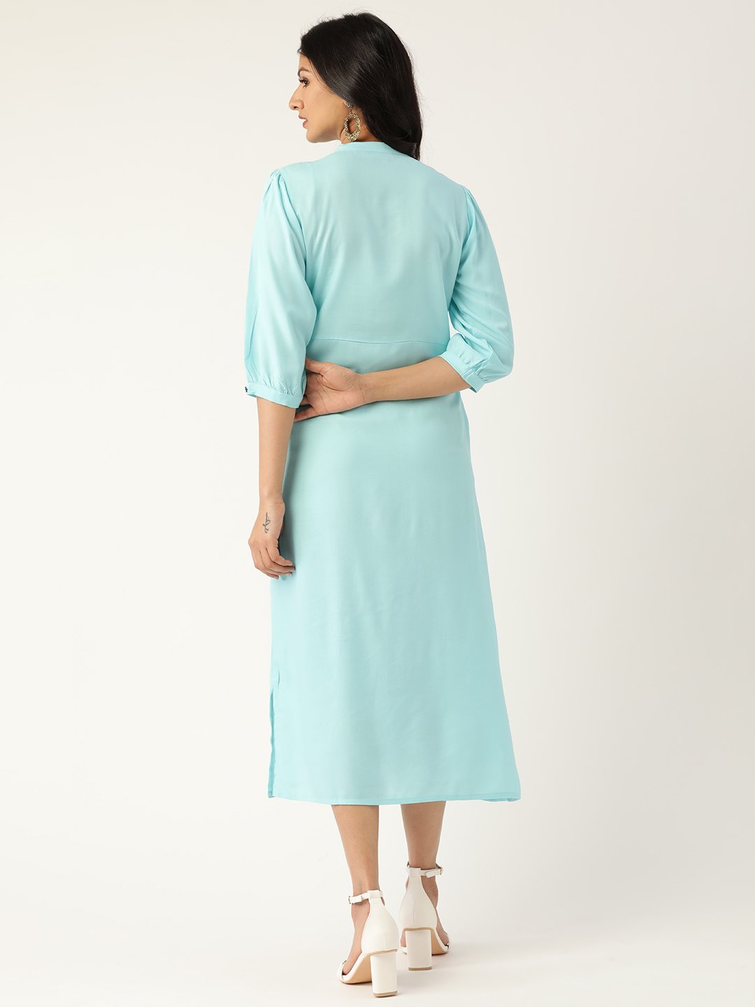 Women Blue Solid Solid Mandarin Collar Viscose Rayon A-Line Dress | NOZ2TOZ - Made In INDIA.