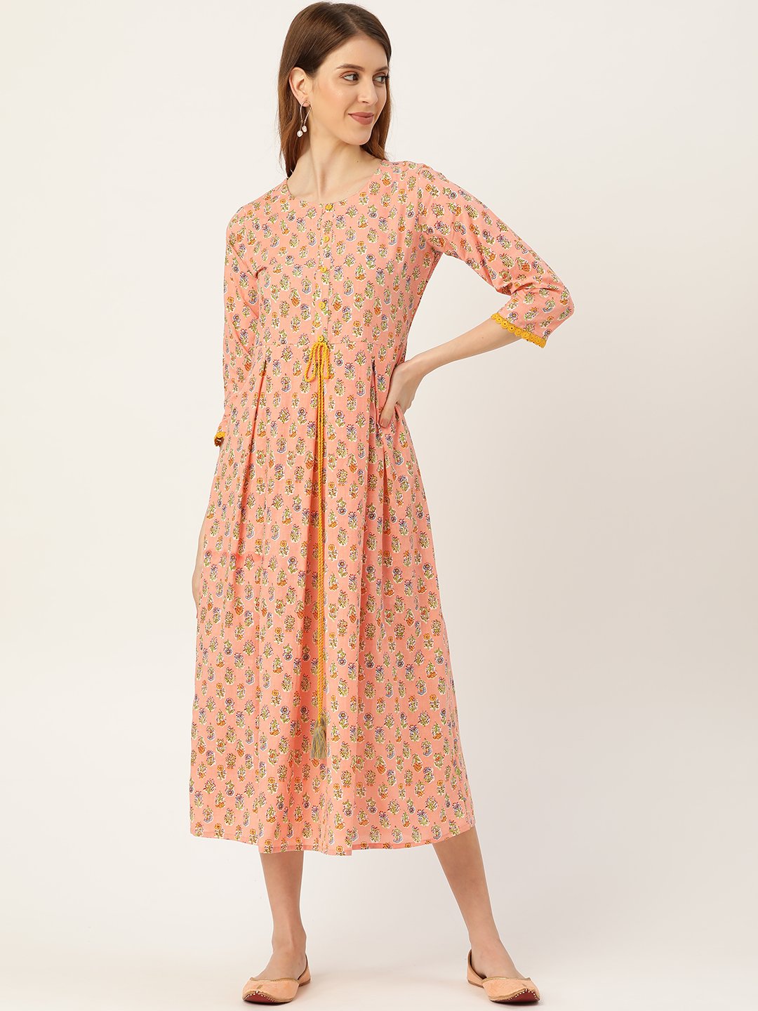 Women Peach Ethnic Motifs Printed Round Neck Cotton Maxi Dress | NOZ2TOZ - Made In INDIA.