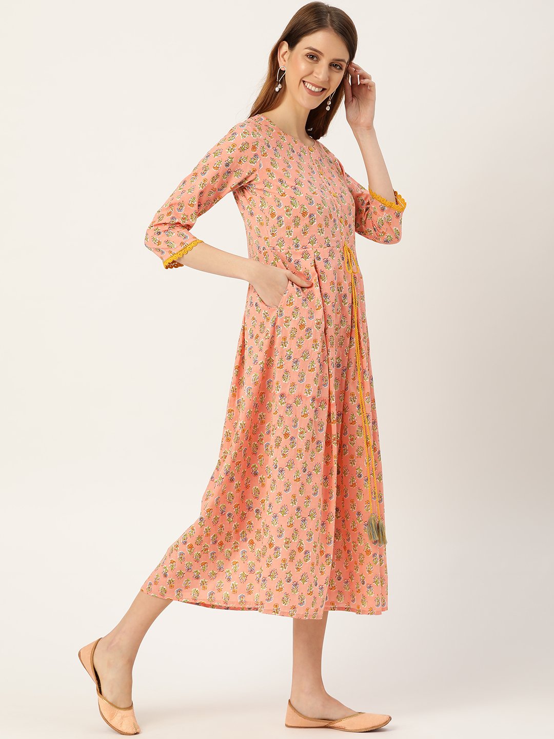 Women Peach Ethnic Motifs Printed Round Neck Cotton Maxi Dress | NOZ2TOZ - Made In INDIA.