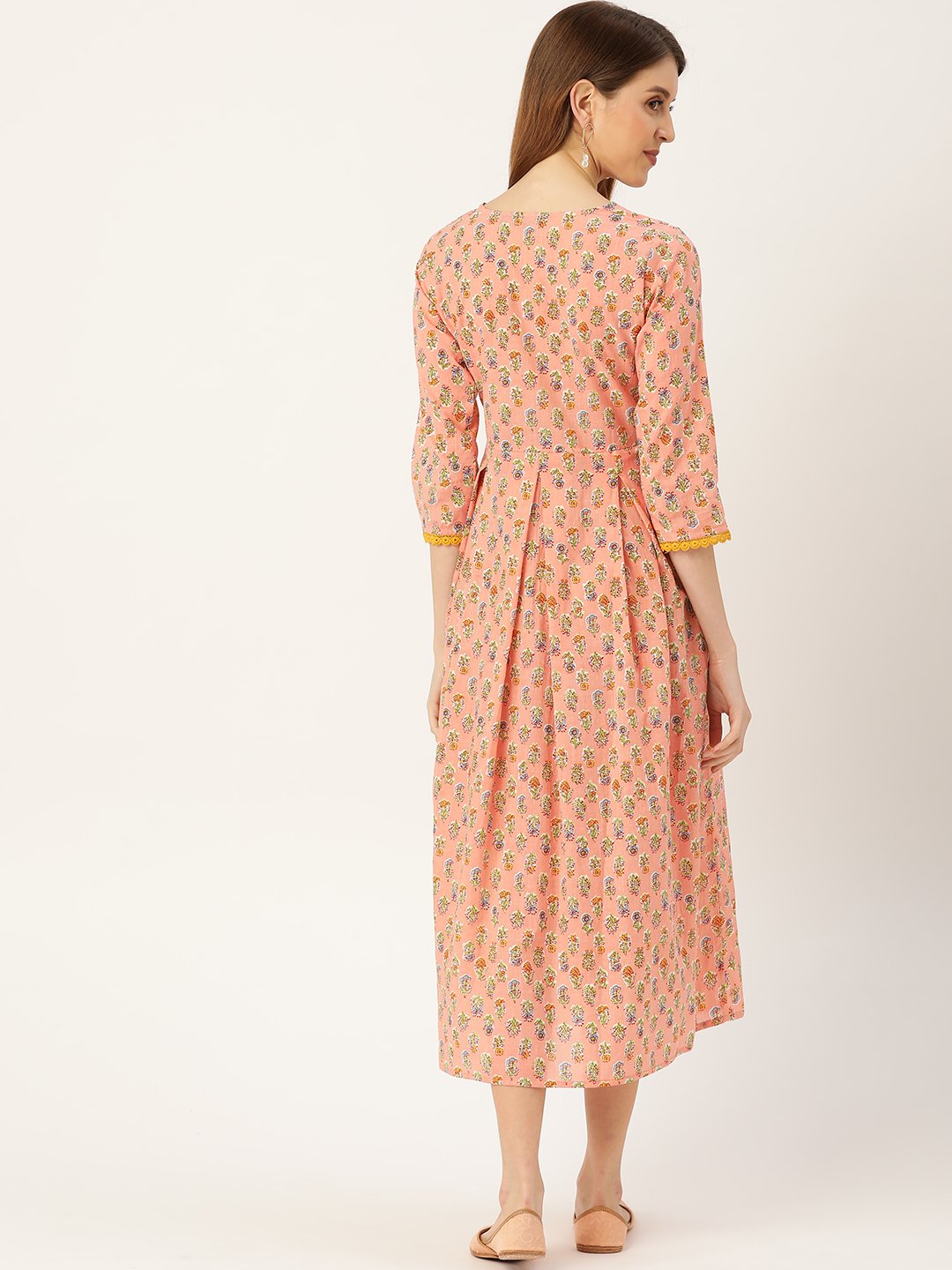 Women Peach Ethnic Motifs Printed Round Neck Cotton Maxi Dress | NOZ2TOZ - Made In INDIA.