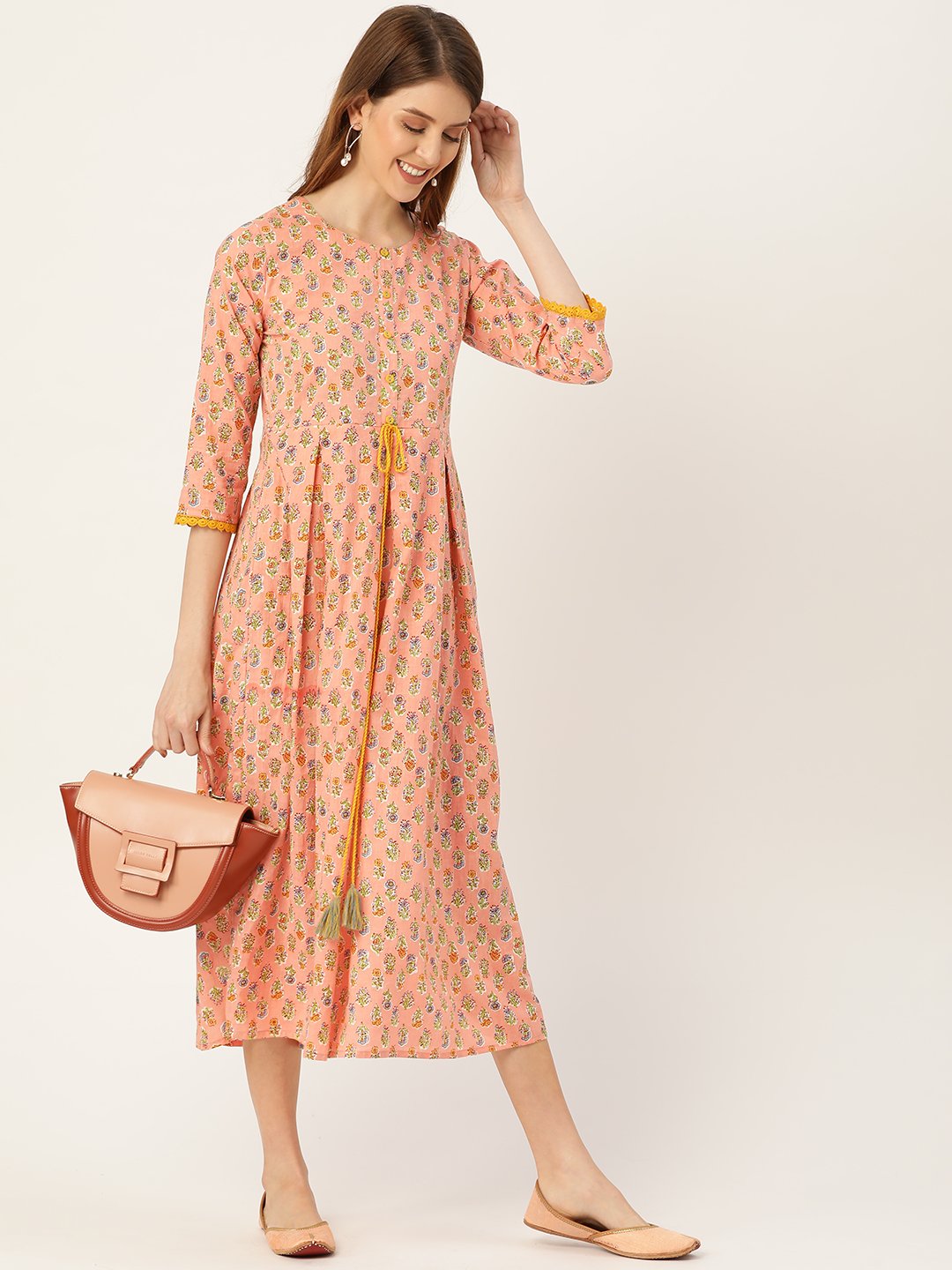 Women Peach Ethnic Motifs Printed Round Neck Cotton Maxi Dress | NOZ2TOZ - Made In INDIA.