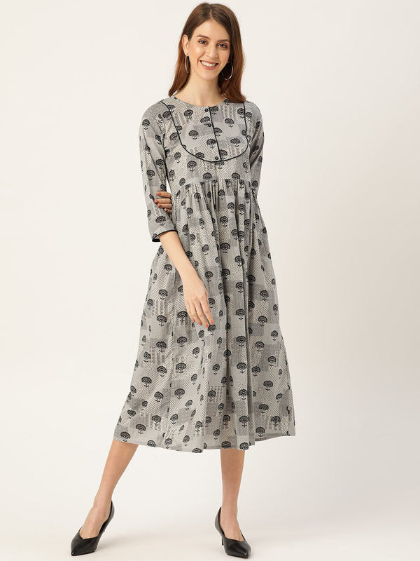 Women Grey Floral Printed Round Neck Cotton A-Line Dress | NOZ2TOZ - Made In INDIA.