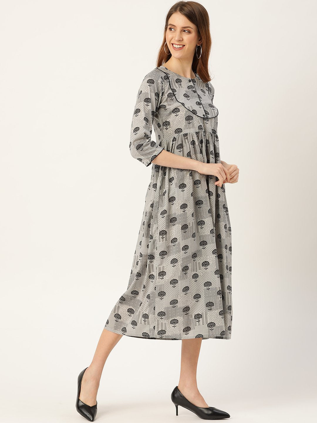 Women Grey Floral Printed Round Neck Cotton A-Line Dress | NOZ2TOZ - Made In INDIA.