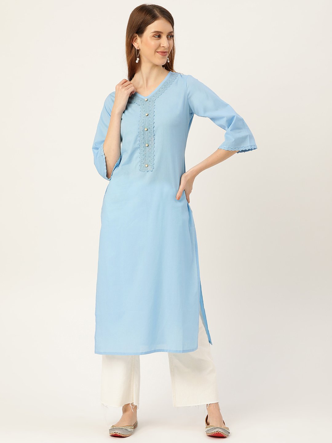 Women Blue Calf Length Three-Quarter Sleeves Straight Solid Solid Cotton Kurta | NOZ2TOZ - Made In INDIA.