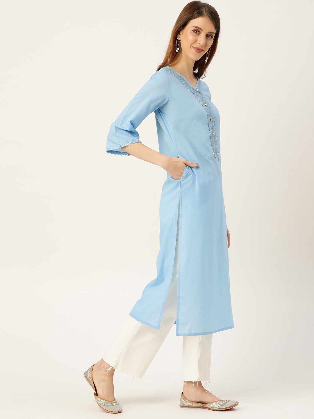 Women Blue Calf Length Three-Quarter Sleeves Straight Solid Solid Cotton Kurta | NOZ2TOZ - Made In INDIA.