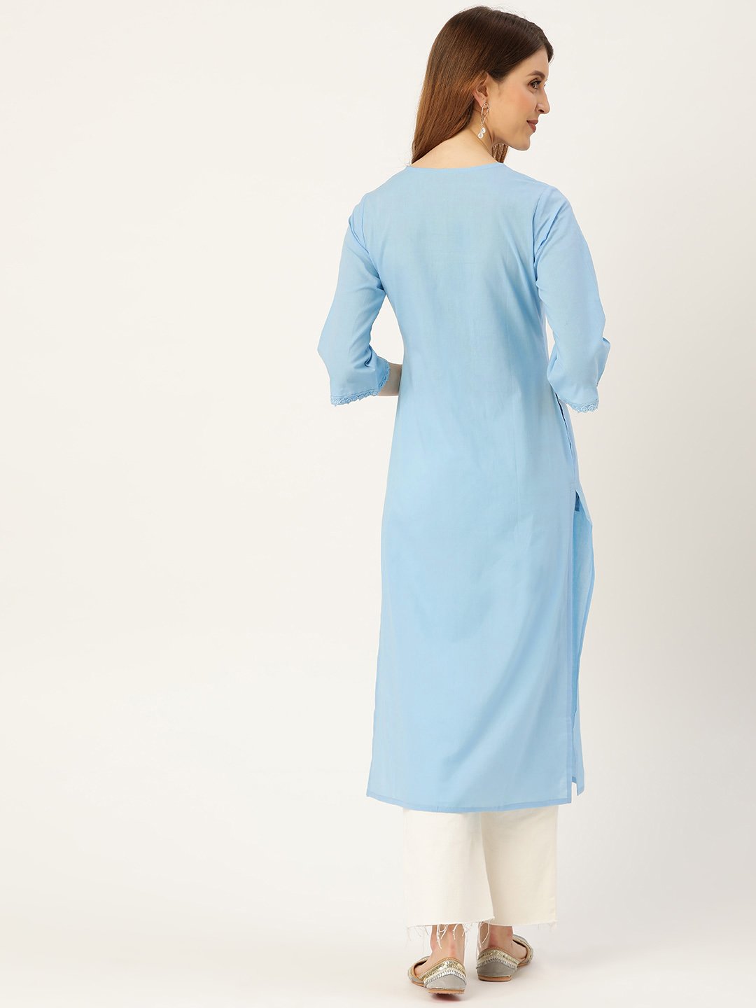 Women Blue Calf Length Three-Quarter Sleeves Straight Solid Solid Cotton Kurta | NOZ2TOZ - Made In INDIA.