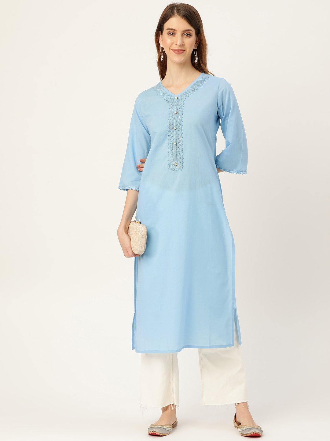 Women Blue Calf Length Three-Quarter Sleeves Straight Solid Solid Cotton Kurta | NOZ2TOZ - Made In INDIA.