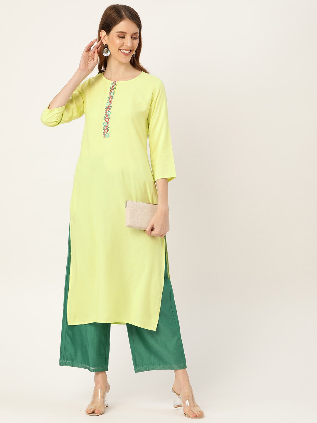 Women Limeyellow Calf Length Three-Quarter Sleeves Straight Solid Yoke Design Viscose Rayon Kurta | NOZ2TOZ - Made In INDIA.