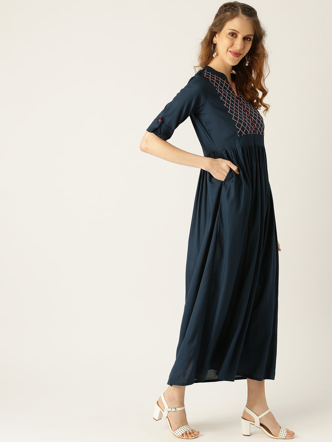 Women Navy Blue Solid Solid Mandarin Collar Viscose Rayon A-Line Dress | NOZ2TOZ - Made In INDIA.