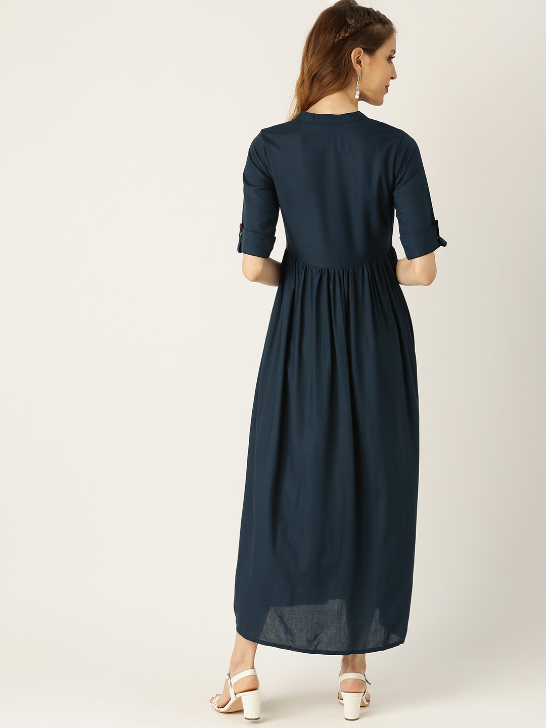 Women Navy Blue Solid Solid Mandarin Collar Viscose Rayon A-Line Dress | NOZ2TOZ - Made In INDIA.