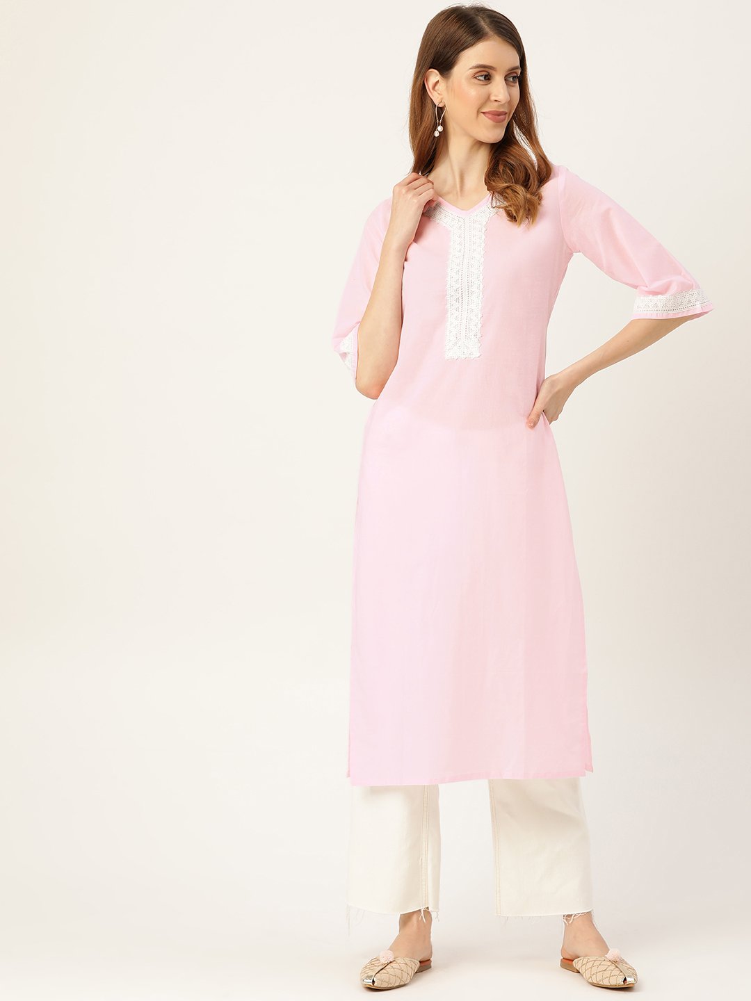 Women Pink Calf Length Three-Quarter Sleeves Straight Solid Solid Cotton Kurta | NOZ2TOZ - Made In INDIA.