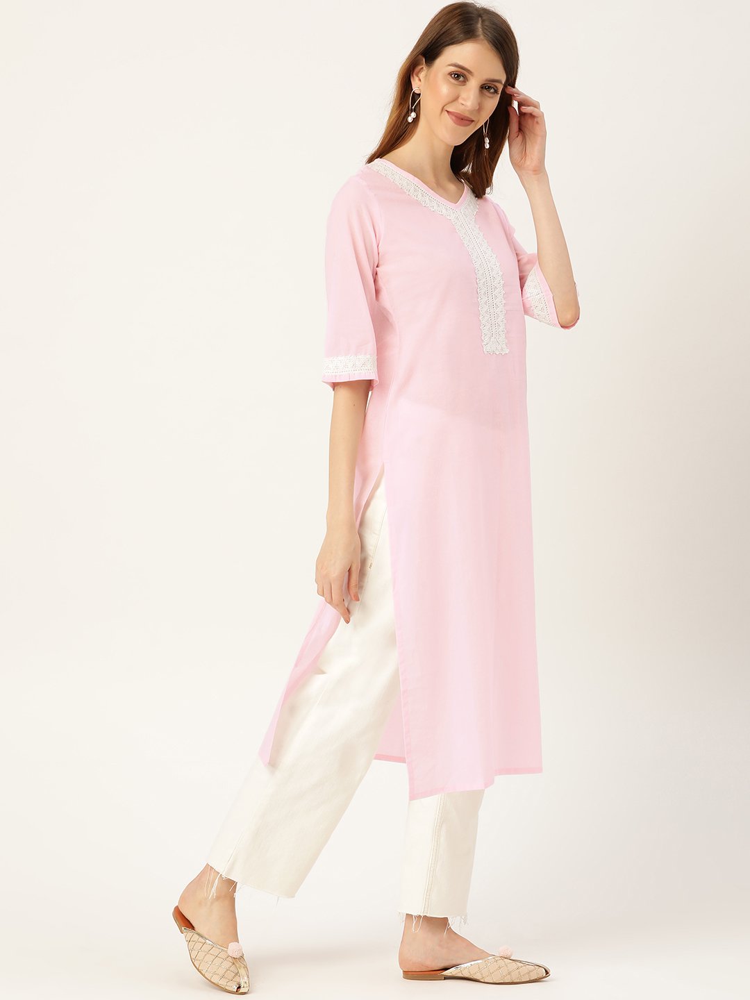 Women Pink Calf Length Three-Quarter Sleeves Straight Solid Solid Cotton Kurta | NOZ2TOZ - Made In INDIA.