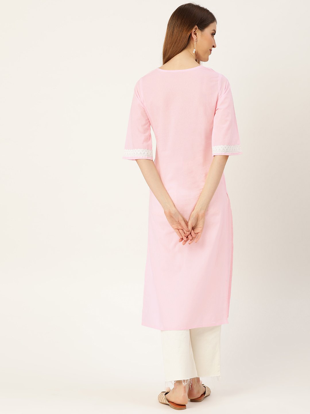 Women Pink Calf Length Three-Quarter Sleeves Straight Solid Solid Cotton Kurta | NOZ2TOZ - Made In INDIA.