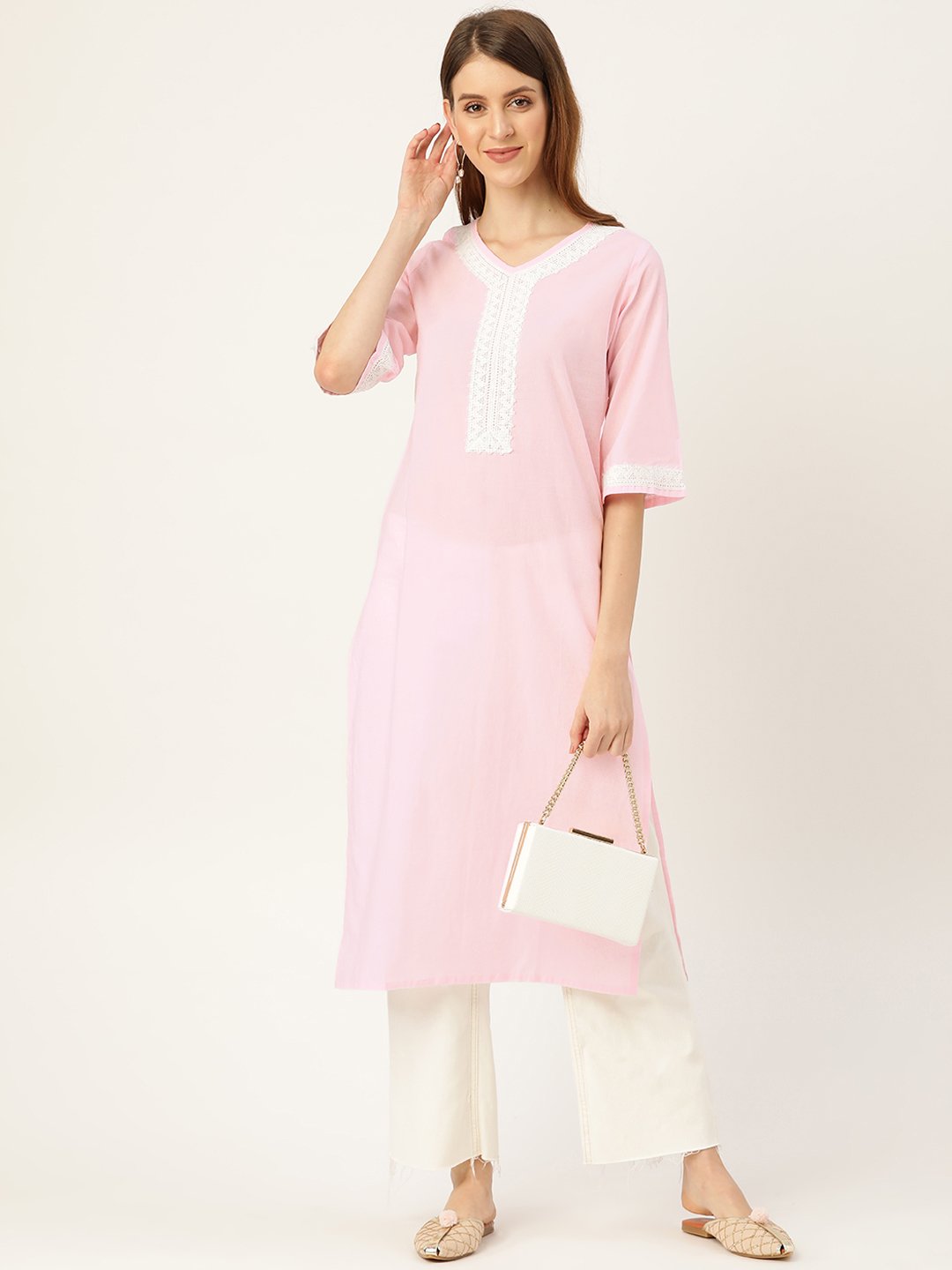 Women Pink Calf Length Three-Quarter Sleeves Straight Solid Solid Cotton Kurta | NOZ2TOZ - Made In INDIA.