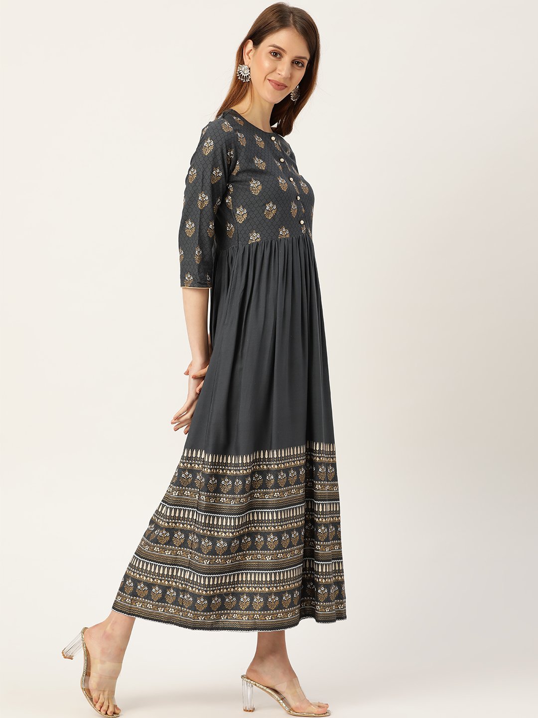 Women Grey Self Design Self Design Round Neck Viscose Rayon Maxi Dress | NOZ2TOZ - Made In INDIA.