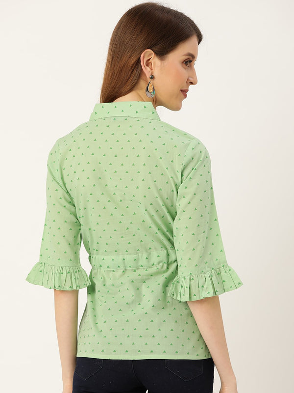 Women Green Three-Quarter Sleeves Waist Tie-Ups Top | NOZ2TOZ - Made In INDIA.