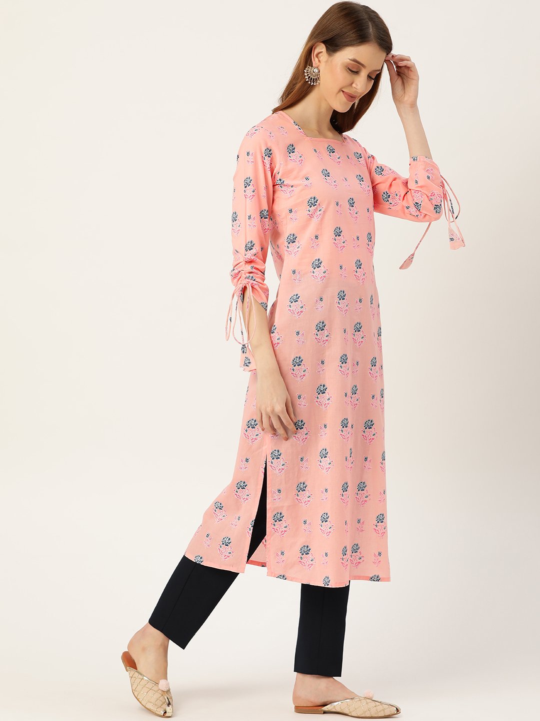 Women Pink Calf Length Long Sleeves Straight Floral Printed Cotton Kurta | NOZ2TOZ - Made In INDIA.