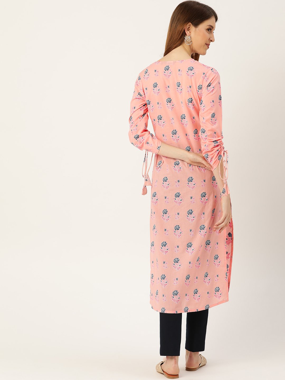 Women Pink Calf Length Long Sleeves Straight Floral Printed Cotton Kurta | NOZ2TOZ - Made In INDIA.