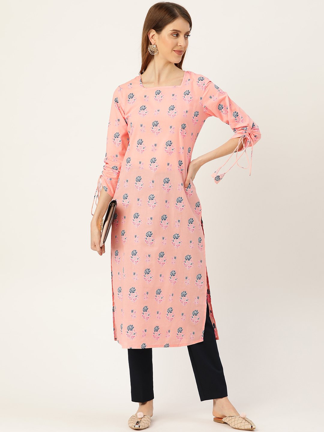 Women Pink Calf Length Long Sleeves Straight Floral Printed Cotton Kurta | NOZ2TOZ - Made In INDIA.