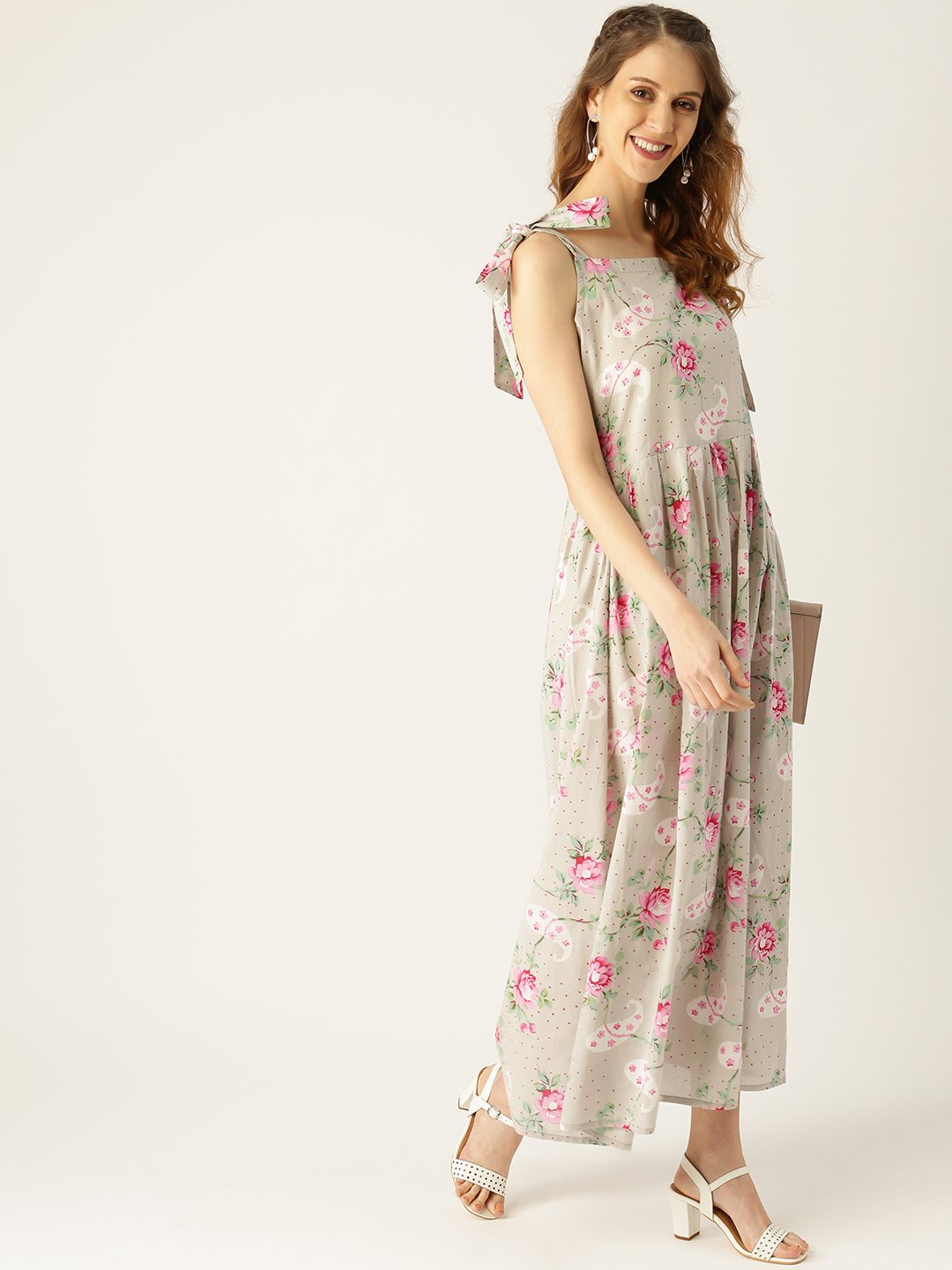 Women Grey Floral Printed Halter Neck Cotton Fit and Flare Dress | NOZ2TOZ - Made In INDIA.