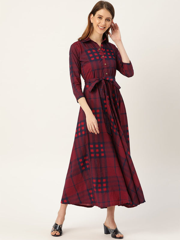 Women Burgundy Checked Printed Shirt Collar Cotton Fit and Flare Dress | NOZ2TOZ - Made In INDIA.