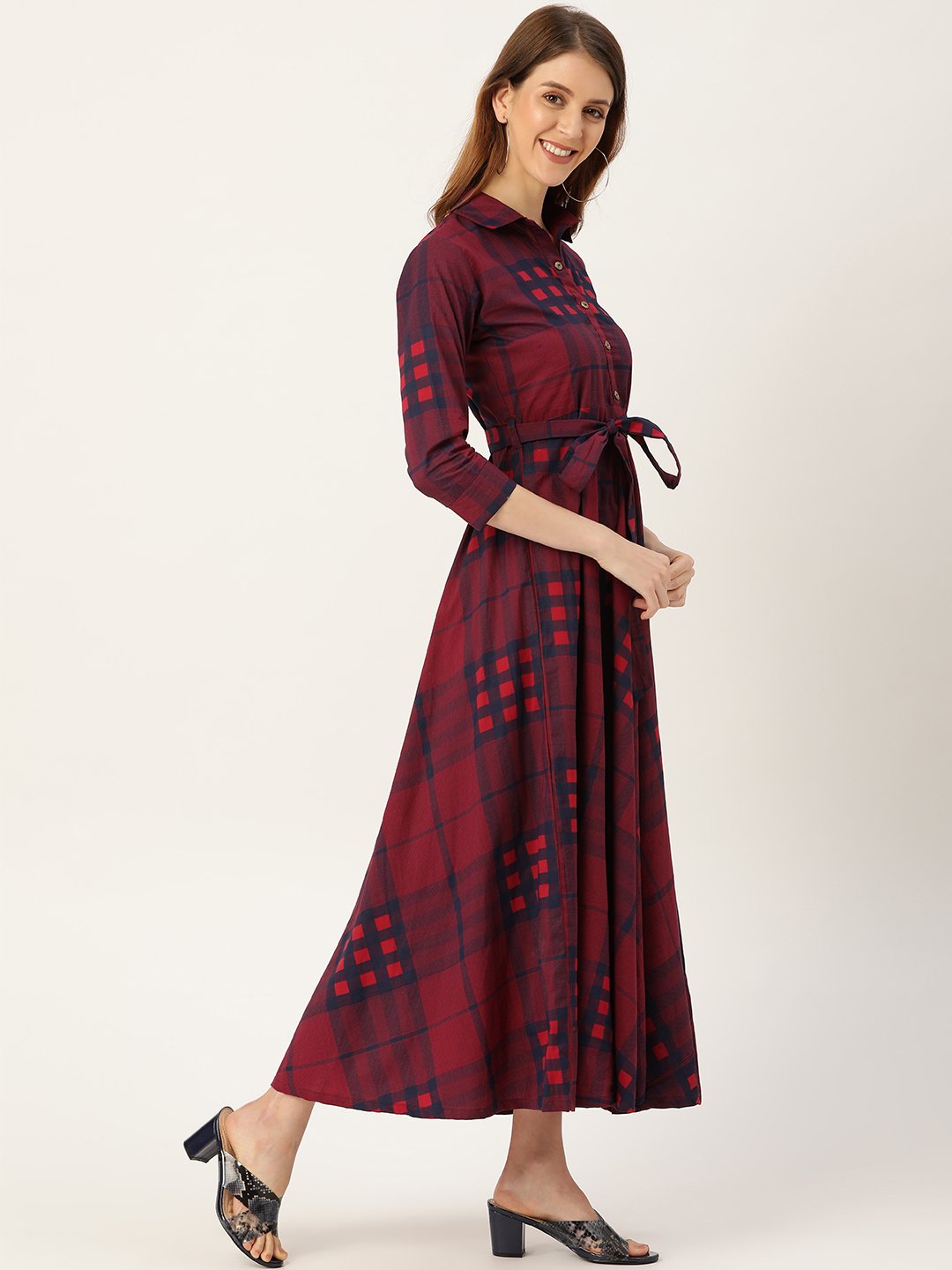 Women Burgundy Checked Printed Shirt Collar Cotton Fit and Flare Dress | NOZ2TOZ - Made In INDIA.