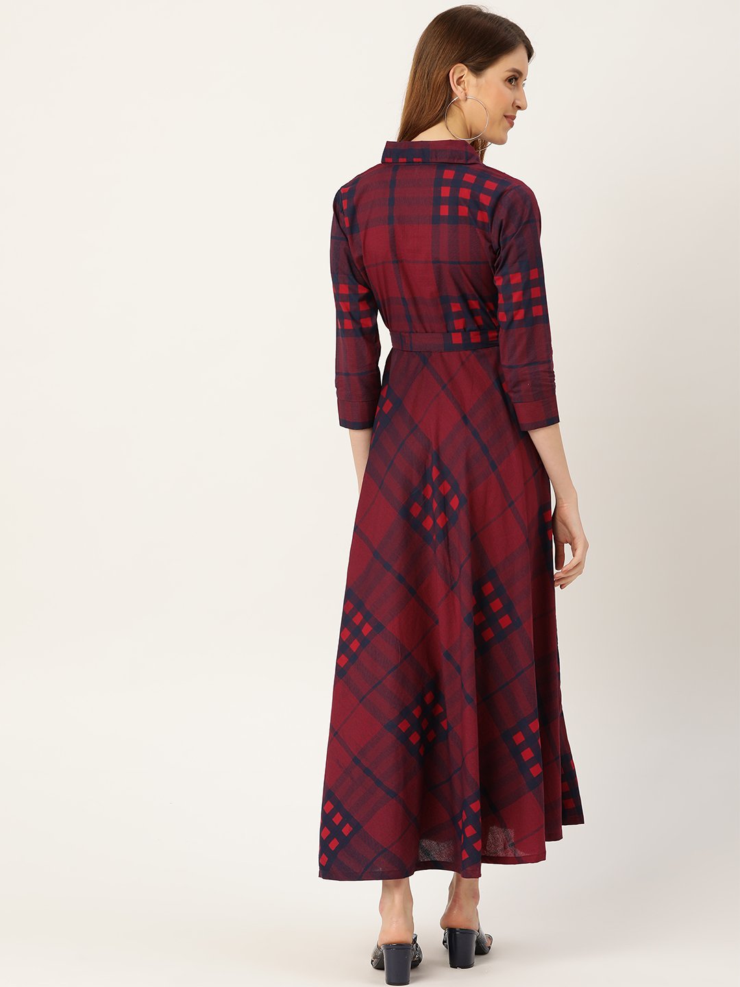 Women Burgundy Checked Printed Shirt Collar Cotton Fit and Flare Dress | NOZ2TOZ - Made In INDIA.