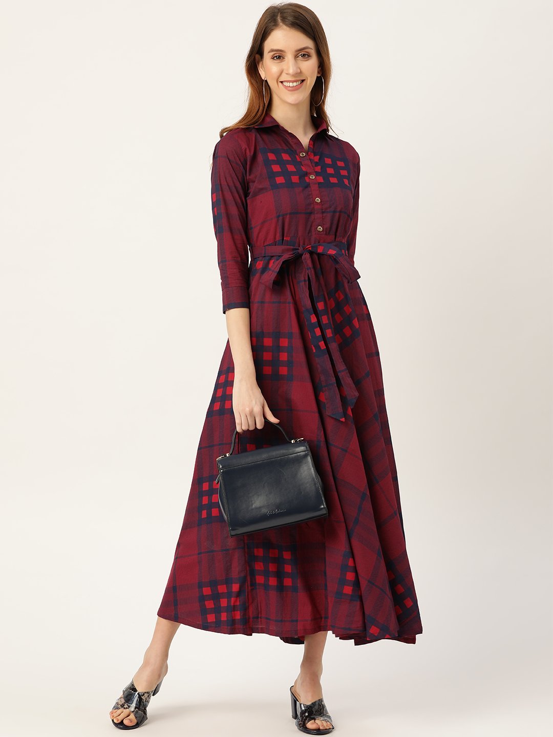 Women Burgundy Checked Printed Shirt Collar Cotton Fit and Flare Dress | NOZ2TOZ - Made In INDIA.