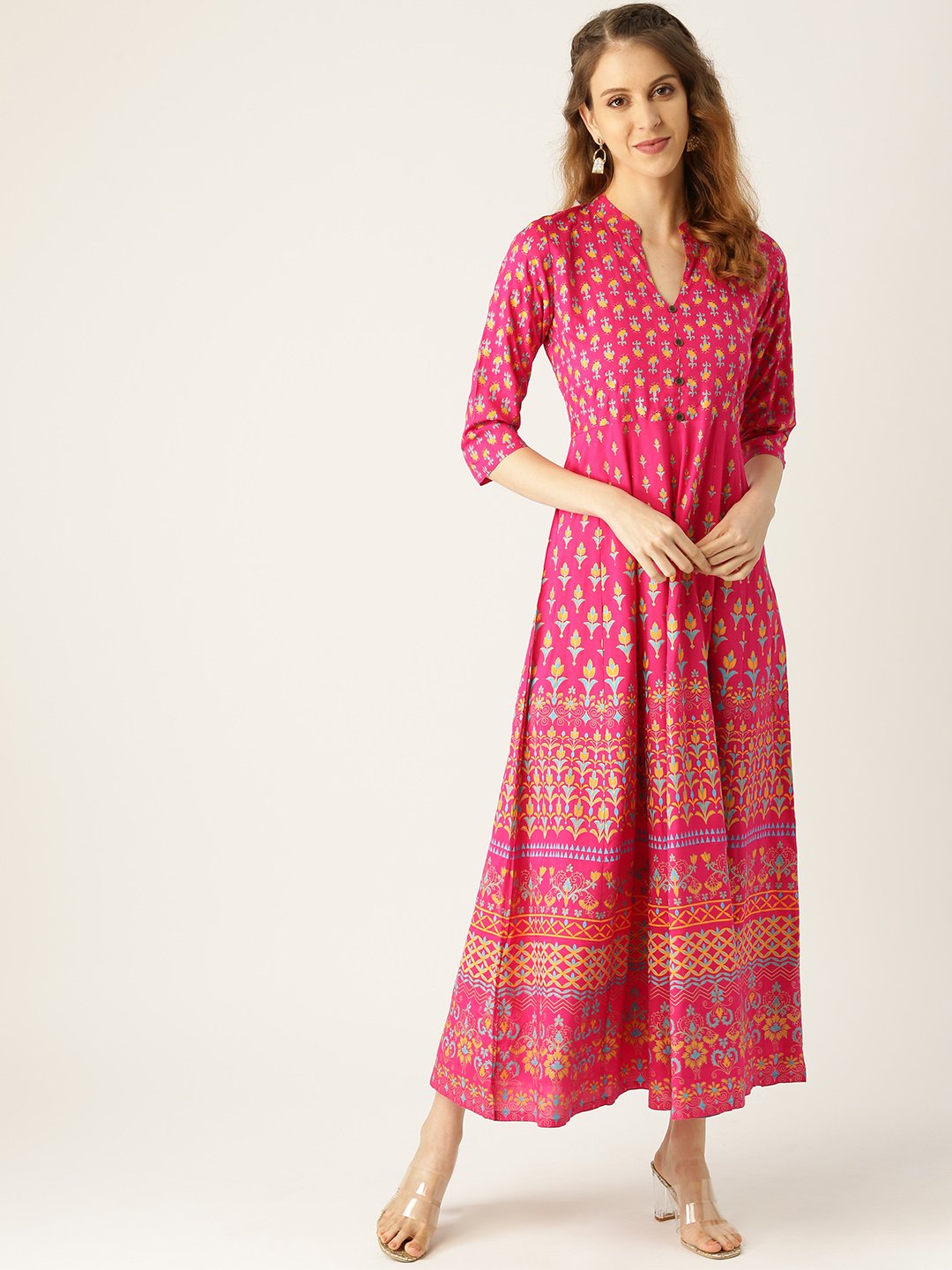 Women Pink Floral Printed Mandarin Collar Viscose Rayon Fit and Flare Dress | NOZ2TOZ - Made In INDIA.