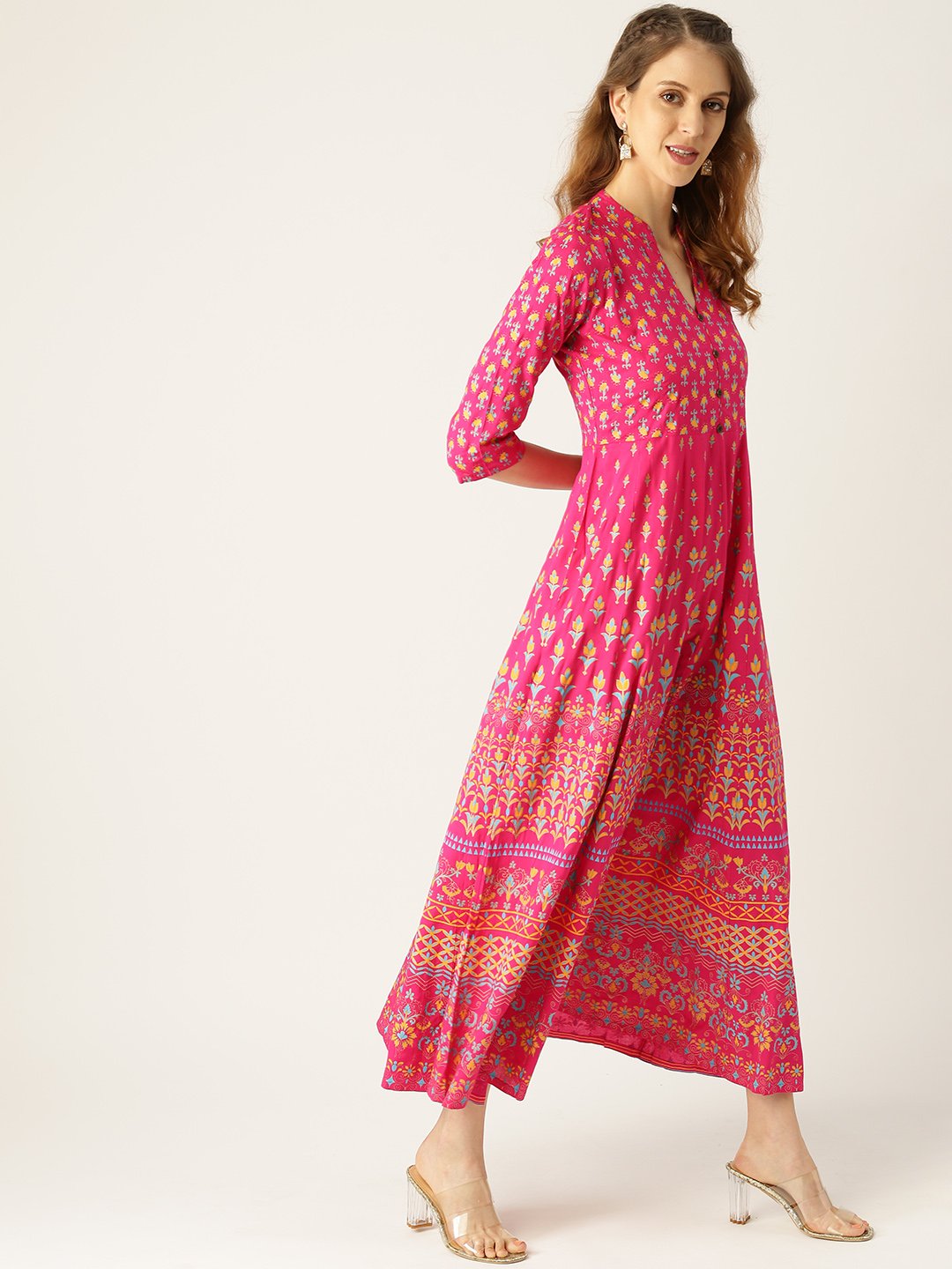 Women Pink Floral Printed Mandarin Collar Viscose Rayon Fit and Flare Dress | NOZ2TOZ - Made In INDIA.