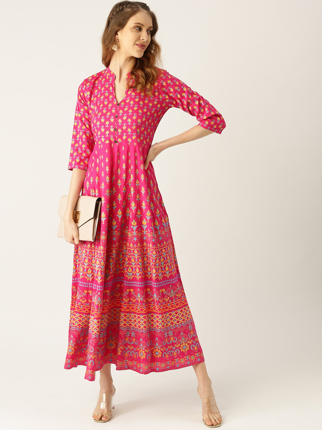 Women Pink Floral Printed Mandarin Collar Viscose Rayon Fit and Flare Dress | NOZ2TOZ - Made In INDIA.