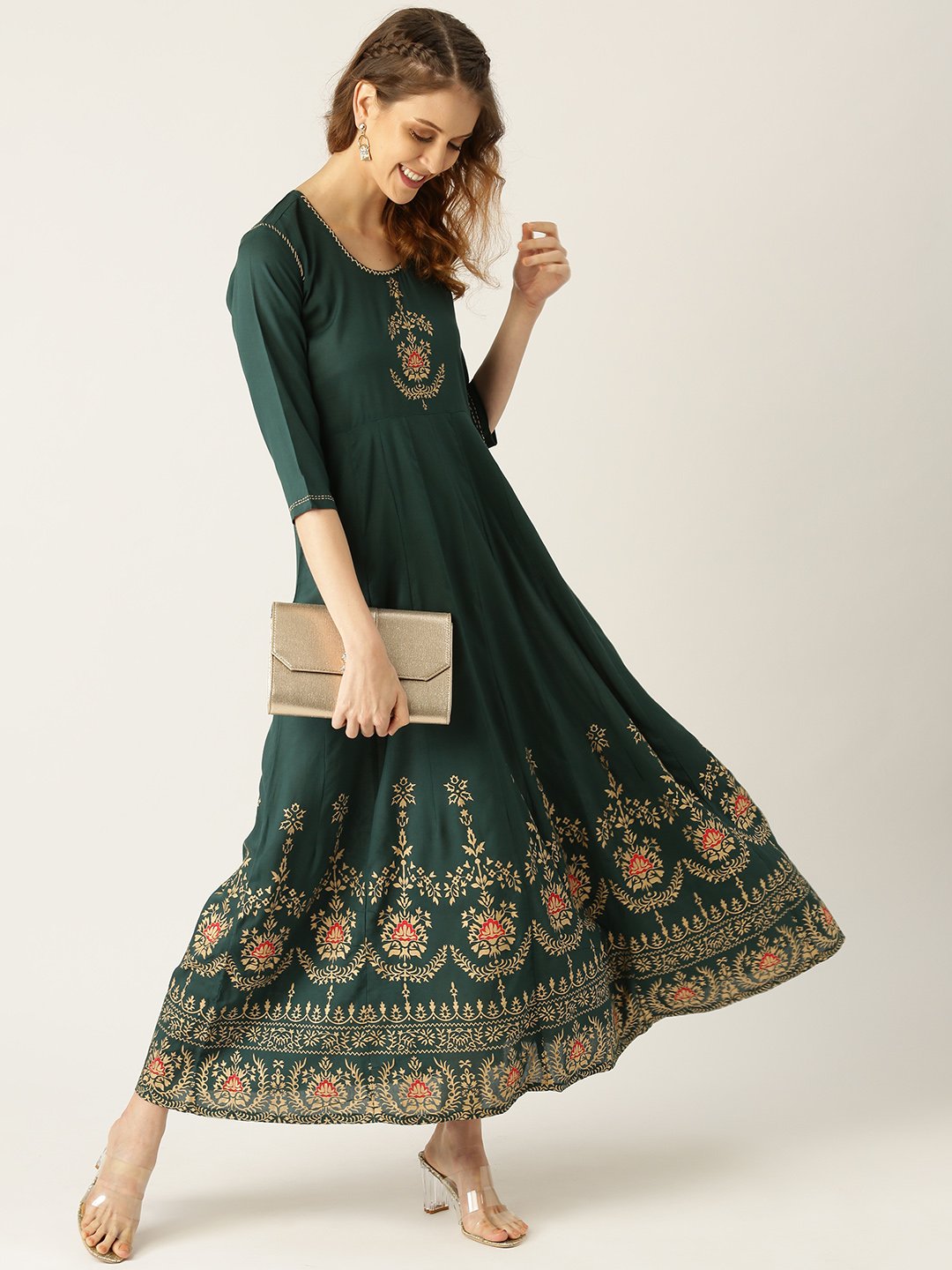 Women Green Solid Solid Round Neck Viscose Rayon Fit and Flare Dress | NOZ2TOZ - Made In INDIA.