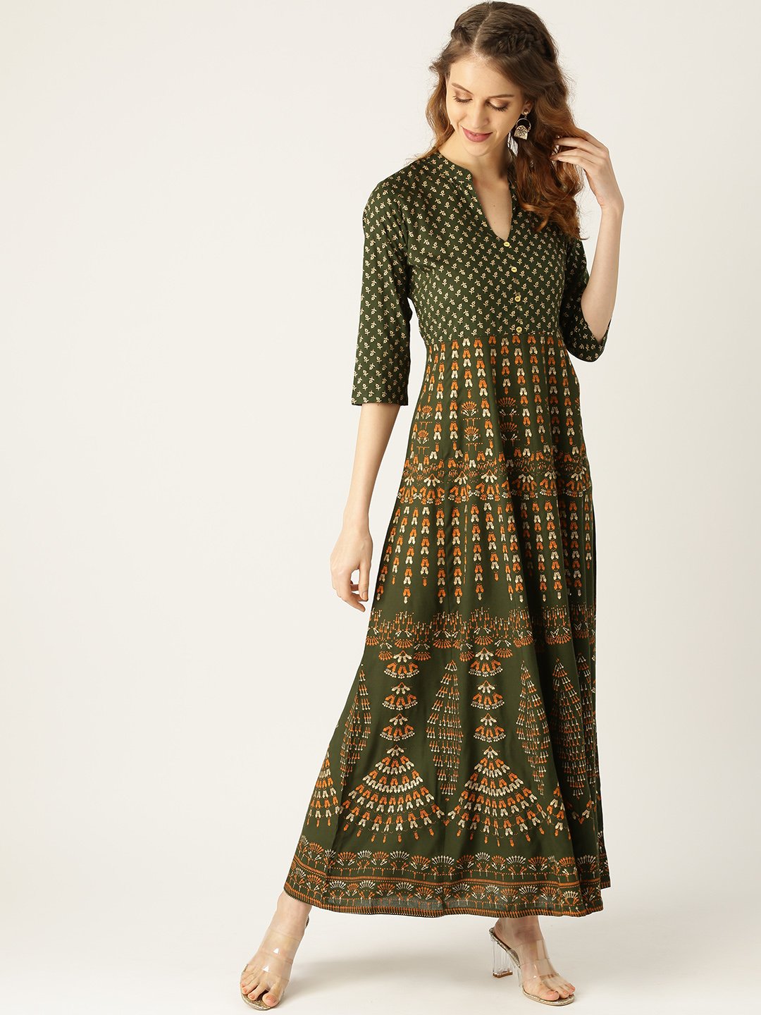 Women Green Floral Printed Mandarin Collar Viscose Rayon Fit and Flare Dress | NOZ2TOZ - Made In INDIA.