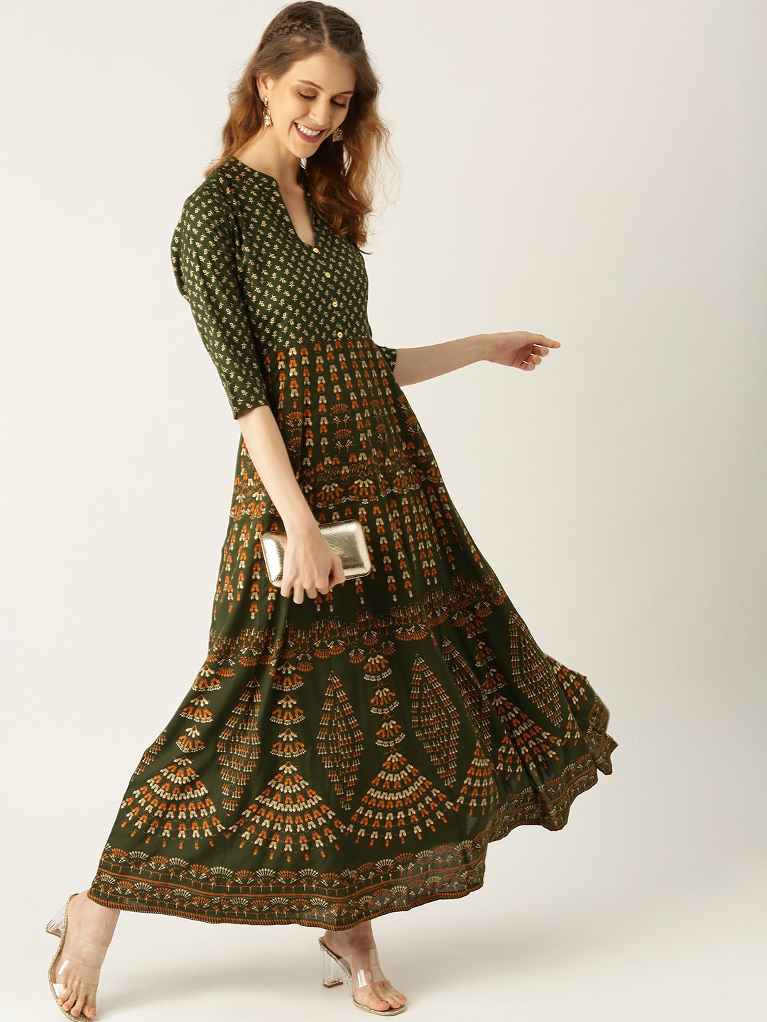 Women Green Floral Printed Mandarin Collar Viscose Rayon Fit and Flare Dress | NOZ2TOZ - Made In INDIA.