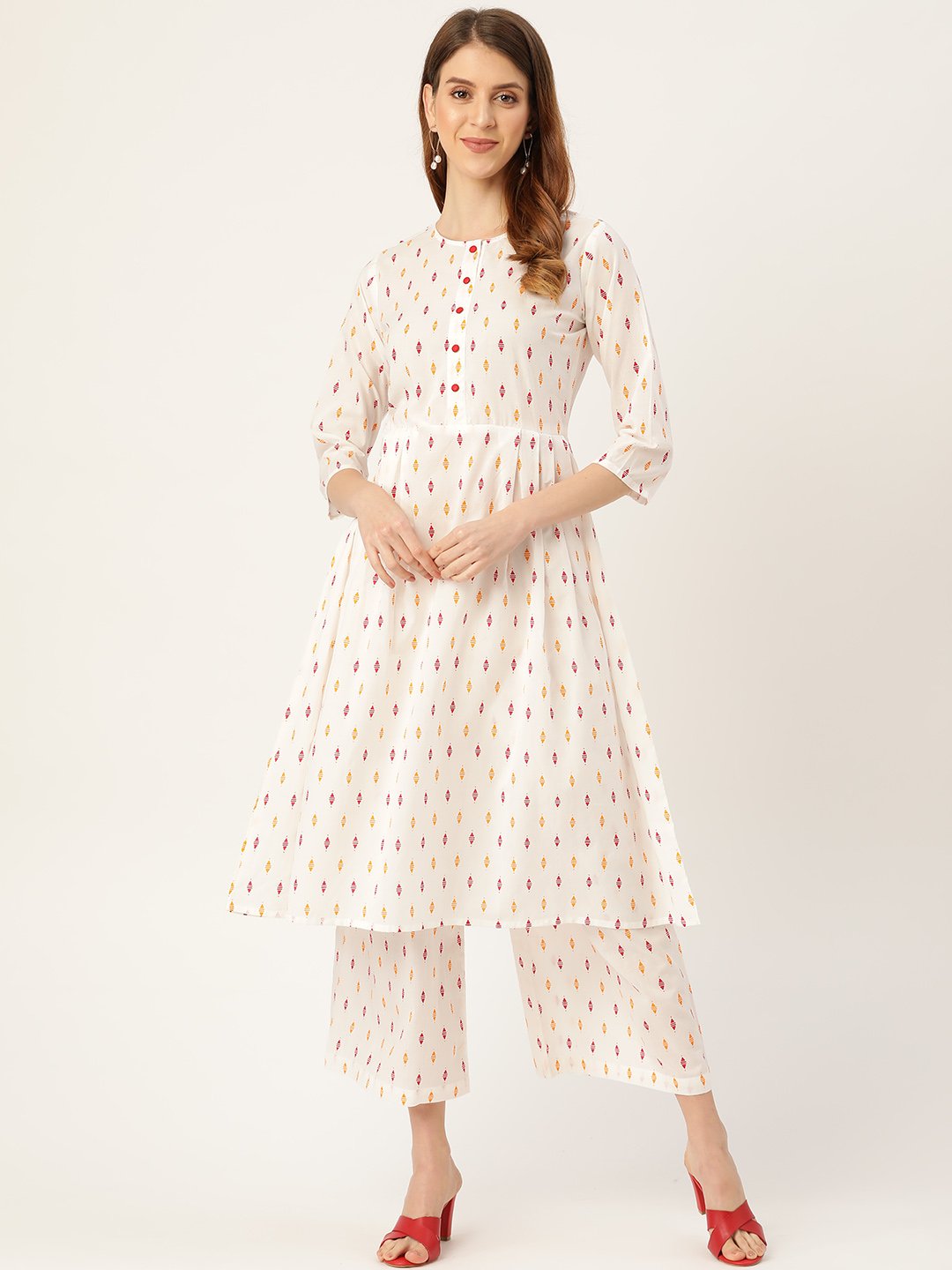 Women White Three-Quarter Sleeves Flared Kurta With Palazzo | NOZ2TOZ - Made In INDIA.