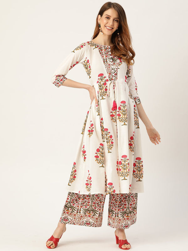 Women White Three-Quarter Sleeves Flared Kurta With Palazzo | NOZ2TOZ - Made In INDIA.