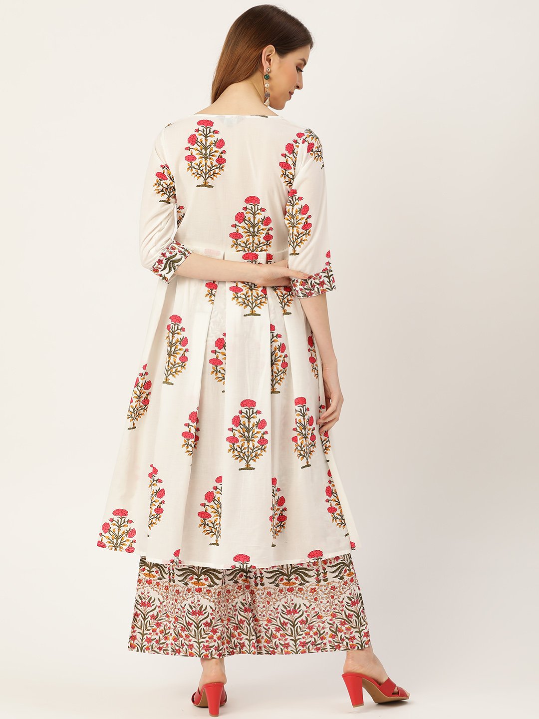 Women White Three-Quarter Sleeves Flared Kurta With Palazzo | NOZ2TOZ - Made In INDIA.